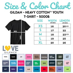 May include: Black youth t-shirt with size and color chart. The chart shows measurements in inches for sizes XS to XL. Color options include white, black, ash, and more. The shirt is made of heavy cotton.