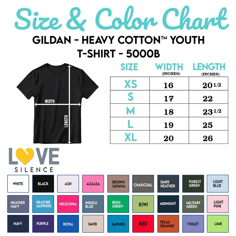 May include: Black youth t-shirt with size and color chart. The chart shows measurements in inches for sizes XS to XL. Color options include white, black, ash, and more. The shirt is made of heavy cotton.