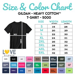 May include: Black t-shirt with a size and color chart. The chart shows measurements in inches for sizes S to 5XL. Color options include white, black, ash, azalea, brown savana, charcoal, dark heather, forest green, and light blue.