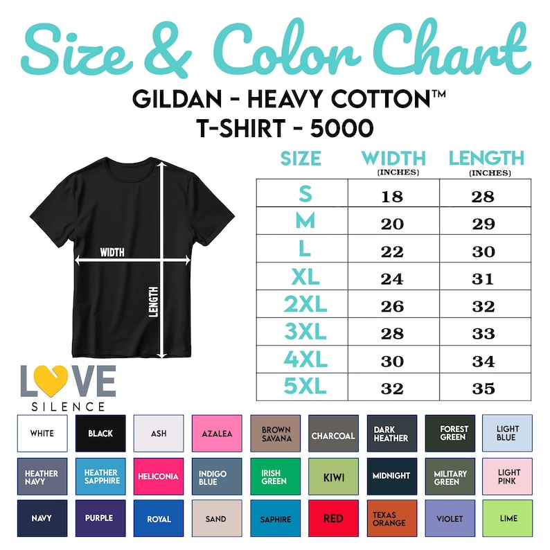 May include: Black t-shirt with a size and color chart. The chart shows measurements in inches for sizes S to 5XL. Color options include white, black, ash, azalea, brown savana, charcoal, dark heather, forest green, and light blue.