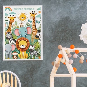 Póster de amigos de la selva del dormitorio de los niños / Póster de animales de la selva para el dormitorio de los niños / Póster adorable de animales de la selva para niños