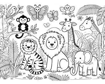 Cute Jungle Animals Children&#39;s Colouring Page | Tiger, Lion, Giraffe, Monkey, Butterfly, Jungle Coloring Page for Kids | Digital Download
