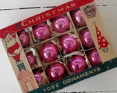 Box of 12 vintage pink glass Christmas ornaments, made in Poland, in original box