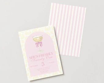 Plantilla de invitación de cumpleaños "She's Freshly 21" con temática de limón / Invitación de fiesta con cítricos brillantes en Canva / Invitación de cumpleaños número 21 elegante y editable