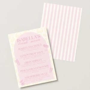 May include: A pink drink menu with the text "ISABELLA'S drink menu" and drink options. The menu is decorated with lemon and drink illustrations. A separate card with pink and white stripes is next to the menu.