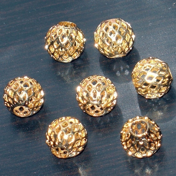 20 pcs perles rondes en filigrane en laiton couleur or 10 mm