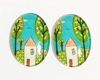 Tree of Life Glass Cabochons: Flat Oval Autumn Print (18x25mm)