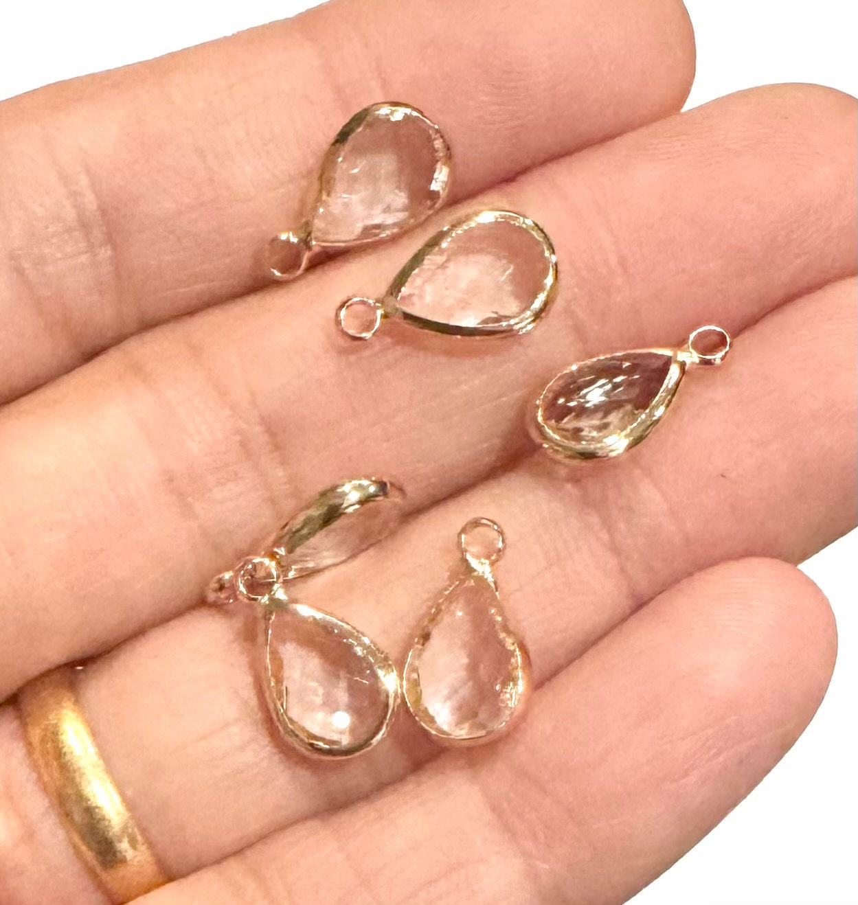 6 PCs small glass faceted teardrop pendant with gold frame 14x7mm, framed glass teardrops