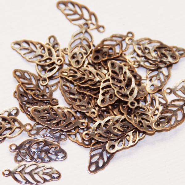 100 pcs  Antique copper stamp leaf drops, red  bronze stamped leaf charm, red bronze stamped leaf pendant 13x6mm