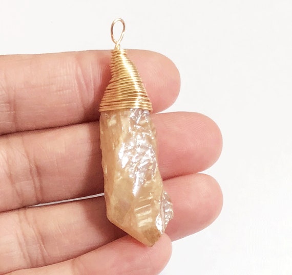 Gold Plated Brass Wire Wrapped Quartz Pendant Pale Yellow Drop