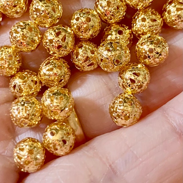 50 pcs  Gold color brass filigree round beads 6mm