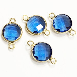 4 Royal Blue Faceted Glass Connectors: Gold Tone Brass Setting (16x10mm)