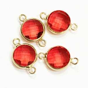 4 Orange Red Faceted Glass Connectors: Gold Tone Brass Setting, 16x10mm