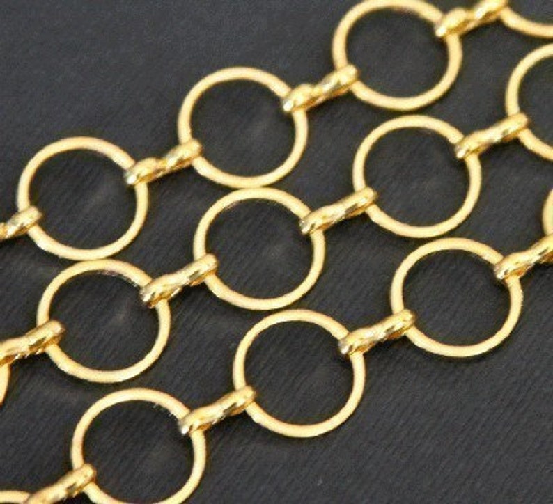 2 ft gold color brass circle links chain 12mm, gold chain, gold plated brass chain image 1