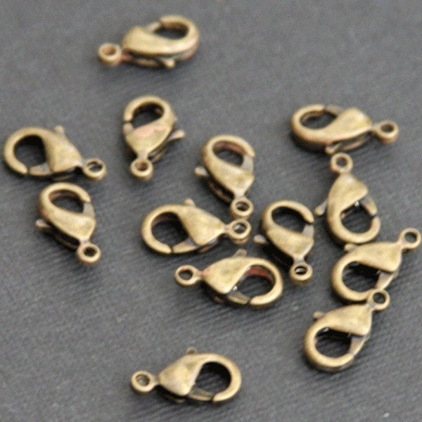 10 pcs of Solid Brass  lobster claw clasp 12X7mm - Antiqued brass color