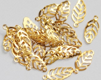 90 PCs  Gold Plated stamp leaf drops, gold stamped leaf charm, gold color stamped leaf pendant 13x6mm