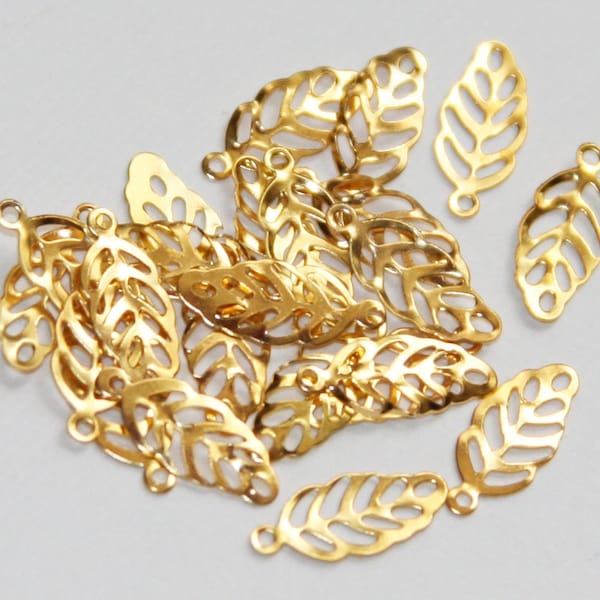 90 PCs  Gold Plated stamp leaf drops, gold stamped leaf charm, gold color stamped leaf pendant 13x6mm