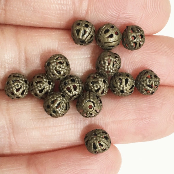 50 pcs antique  brass filigree round beads 6mm, brass filigree beads, brass spacer beads