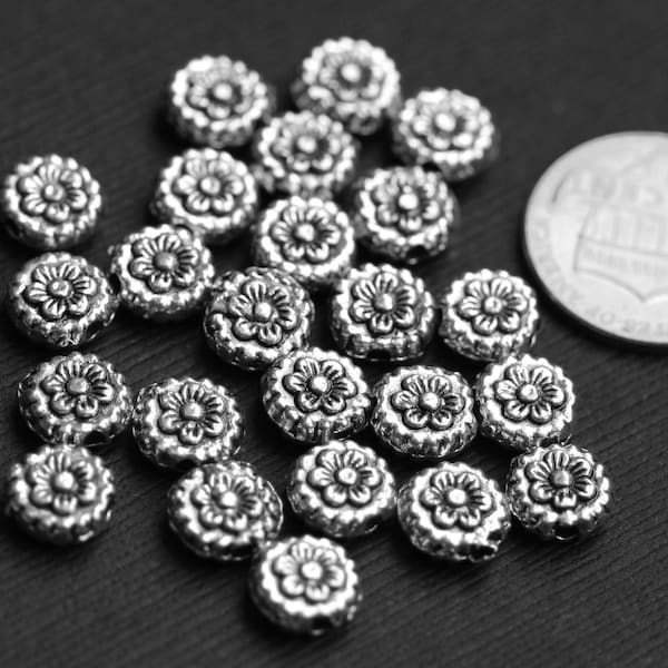 25 pcs  antiqued silver pewter flower spacer beads 8x3.5mm