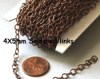 32ft spool  Antiqued copper round cable chain 4X5mm - Soldered Links
