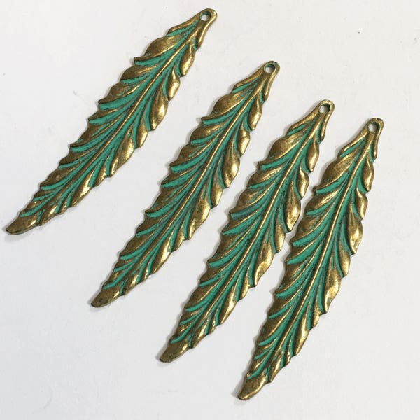 6 pcs  Antique Brass long leaf pendant 55x12mm, bluing leaf pendant, Verdigris Patina