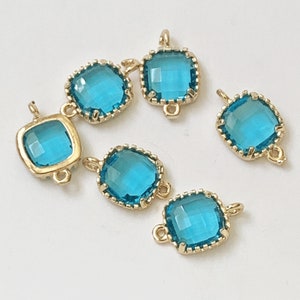 Blue Zircon Glass Connector: 15x9mm Brass Setting, Gold Tone Lace Loop
