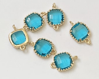 6 Glass faceted square with  brass setting 15x9 mm Blue Zircon , glass connector 1/1 loop gold tone with lace