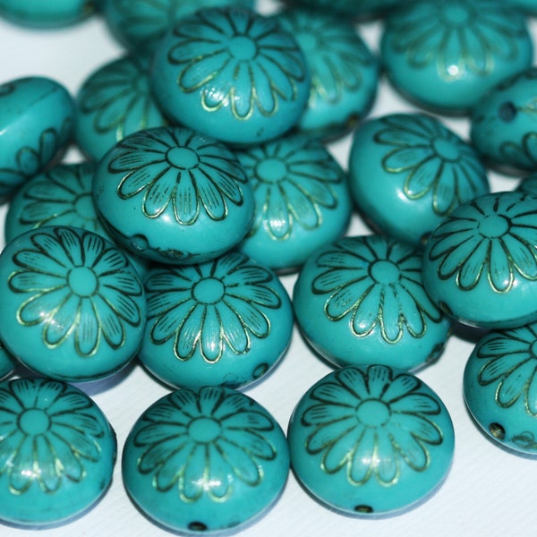 30 pcs   Resin flat round beads 16mm Green with gold accent