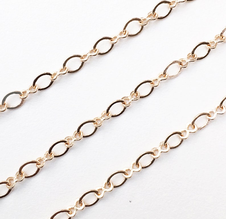 May include: Three strands of gold chain with oval links. The chain is delicate and has a subtle shine.
