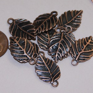 10 Antique copper finished leaf pendant 13x19mm, double sided alloy leaf charm, bulk leaf charm image 1