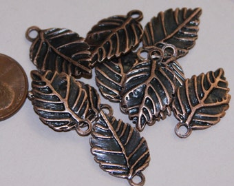 10 Antique copper finished leaf pendant 13x19mm, double sided alloy leaf charm, bulk leaf charm