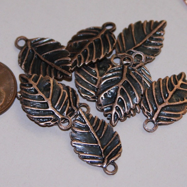 10 Antique copper finished leaf pendant 13x19mm, double sided alloy leaf charm, bulk leaf charm