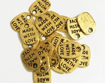 60 pcs  Antique Gold  'made with love' charm 11x8mm, gold massage charm, Bulk gold massage tags