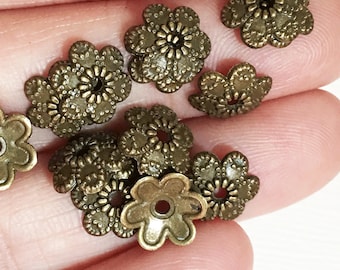 50 pcs  antique brass flower beadcap 9x10mm, antique brass alloy bead caps