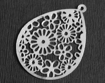 10 Platinum color stamped filigree teardrop 40x53mm