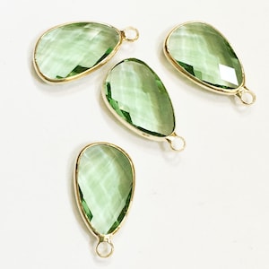 4 glass faceted teardrop pendant with Gold frame, Light Green glass drops 22x11.5mm, framed glass teardrops