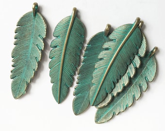 6 pcs  Antique Brass long leaf pendant 44x14mm, green bronze leaf pendant, Verdigris Patina