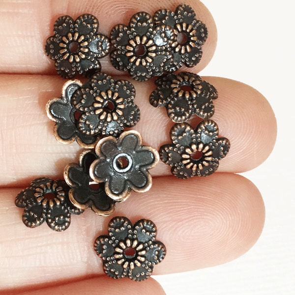 50 pcs  antique copper flower beadcap 9x10mm, antique brass alloy bead caps