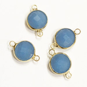 4 Sky Blue Faceted Glass Connectors: Gold Tone Brass Setting (16x10mm)