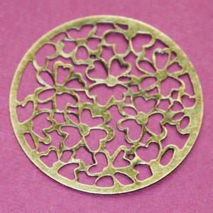 10 Antiqued Brass Flower Filigree Connectors: 49mm Stamped Iron Charms