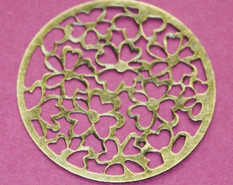 10 Antiqued Brass Flower Filigree Connectors: 49mm Stamped Iron Charms