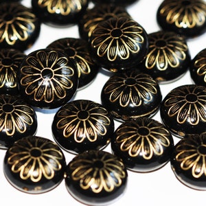 30 pcs   Resin flat round beads 16mm Black with gold accent