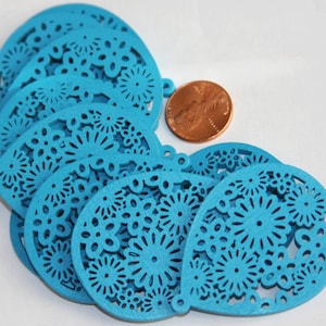 Bulk 100 pcs of Carved Wood teardrop Pendant with flower pattern 51x39x3mm Turquoise blue image 1