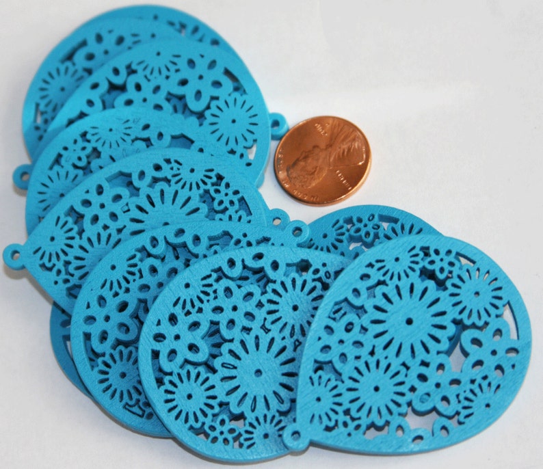 Bulk 100 pcs of Carved Wood teardrop Pendant with flower pattern 51x39x3mm Turquoise blue image 1