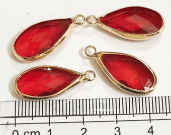 4 glass faceted teardrop pendant with Gold frame, Ruby Red glass drops 24x10.5mm, framed glass teardrops