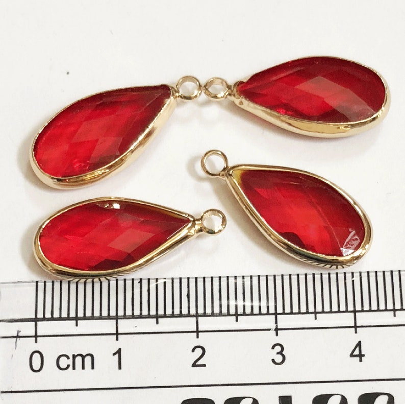 4 glass faceted teardrop pendant with Gold frame, Ruby Red glass drops 24x10.5mm, framed glass teardrops image 1
