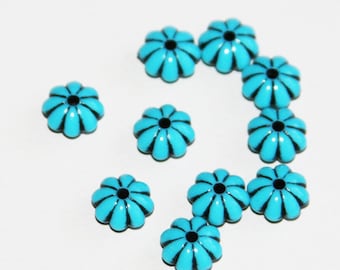 100 pcs  Vintage Acrylic flower rondelle beads 7.2 Blue with Black accent