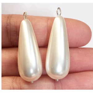 3 Pairs  acrylic pearlized long  teardrop  37x13mm cream white with silver wire