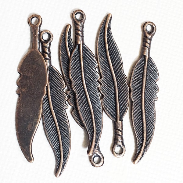 10 pcs  antique copper finished medium feather drop 8x36mm, alloy feather charm, antique copper feather charm