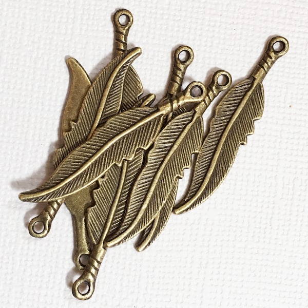 10 Antique Brass Feather Charms: Alloy Feather Drop (8x36mm)